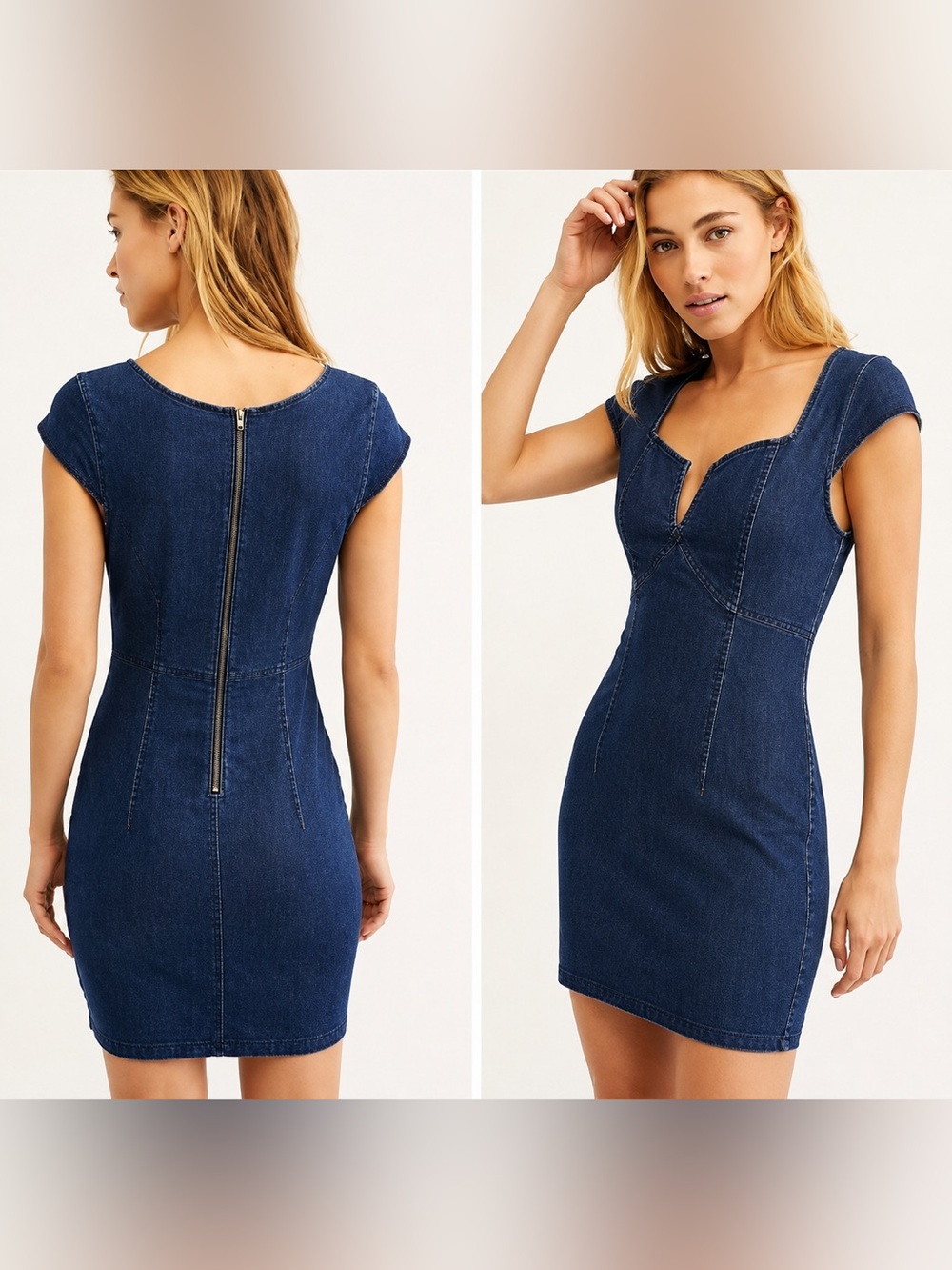 👗 Free People Denim Bodycon Mini Dress XS‎ Sweetheart Neck Zip Back 👗